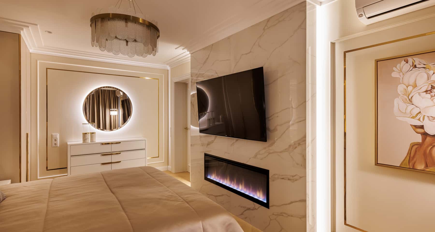 Безопасный и красивый электрокамин в спальне