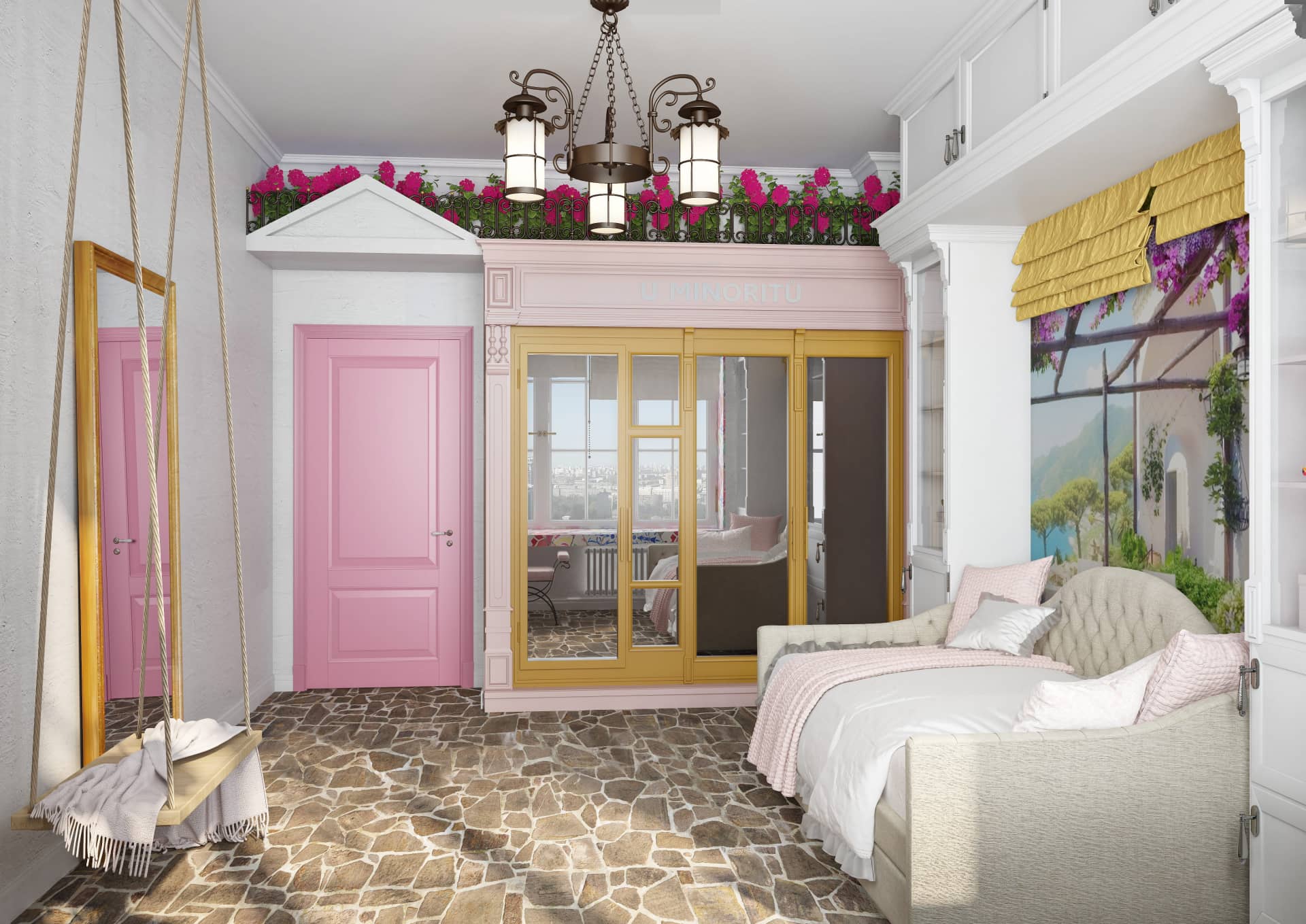 Дверь в комнату девочки выкрашена в светлый розовый цвет