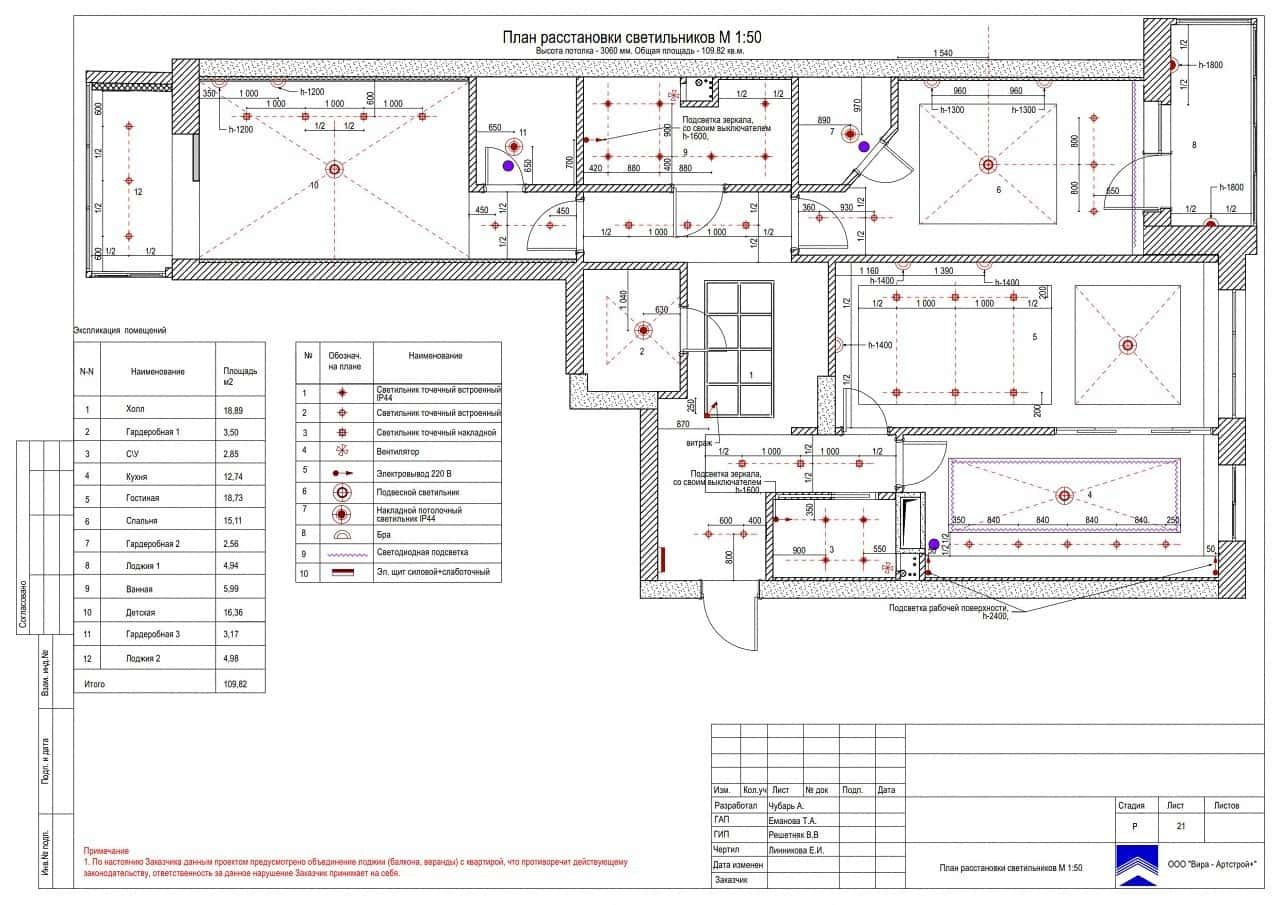 План расстановки светильников, квартира 109 м²