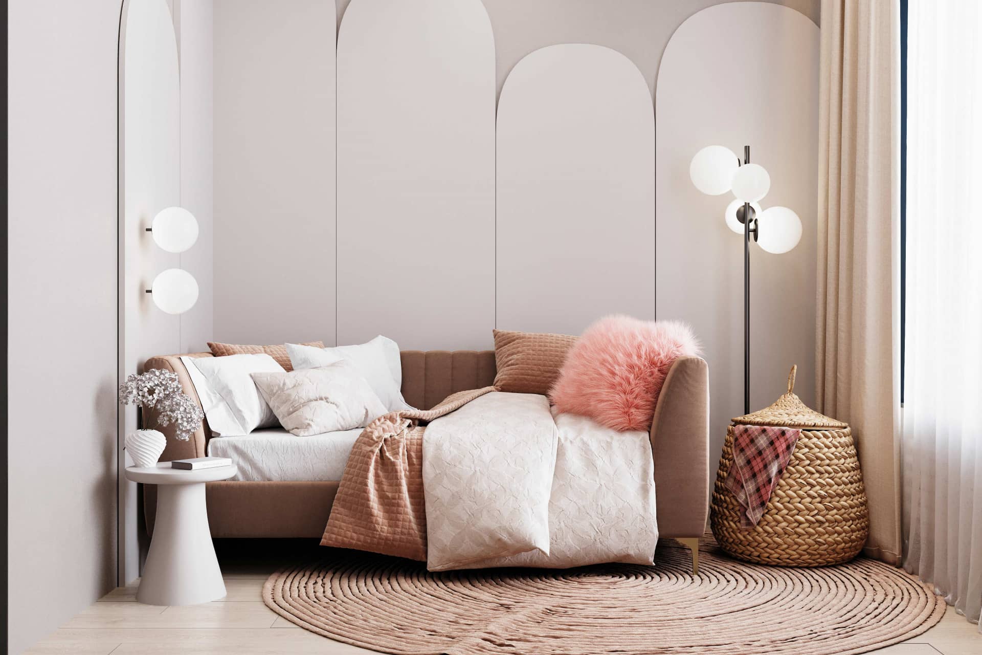 Зона отдыха с бархатным розовым диваном