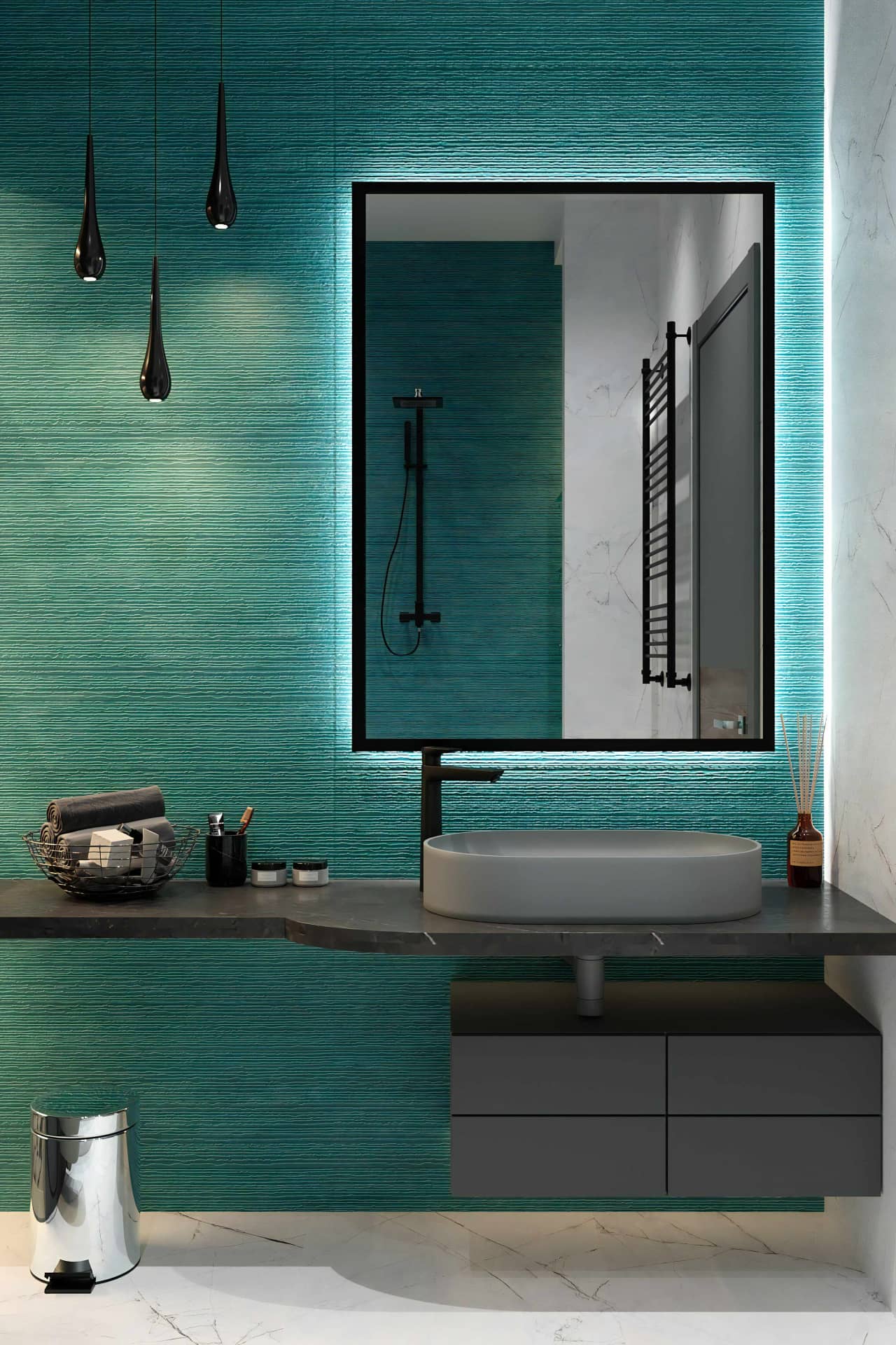 Идея дизайна ванной комнаты с яркой стеной