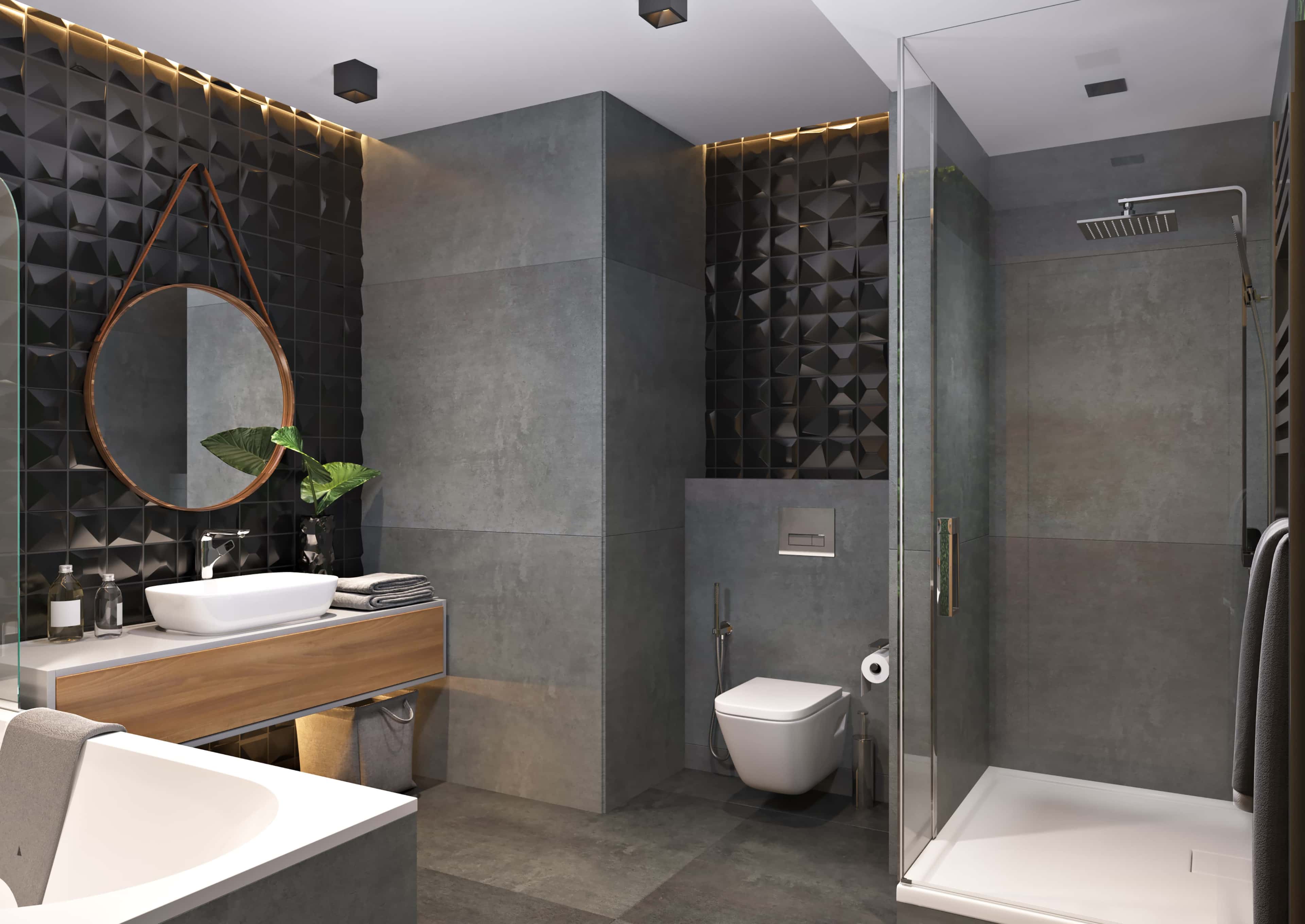 Вставки из чёрной геометрической мозаики в ванной. Дизайн и ремонт ...