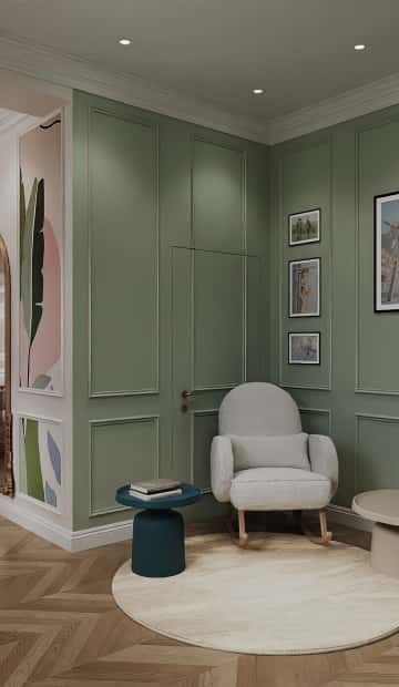 Кресло-качалка, пара прикроватных столиков и мягкий ковёр смягчают строгую геометрию прямых линий в отделке