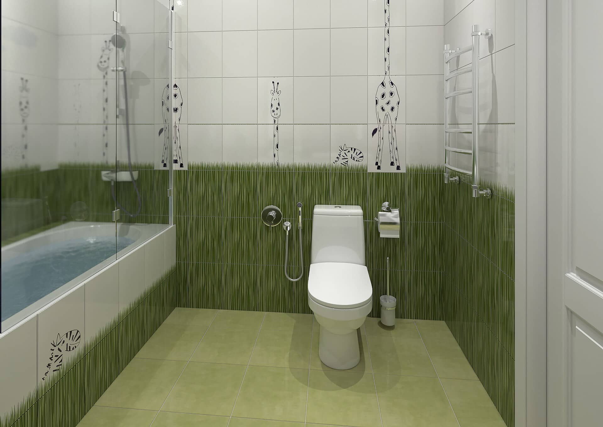Детская ванная комната выполнена в плитке белого и зелёного цвета