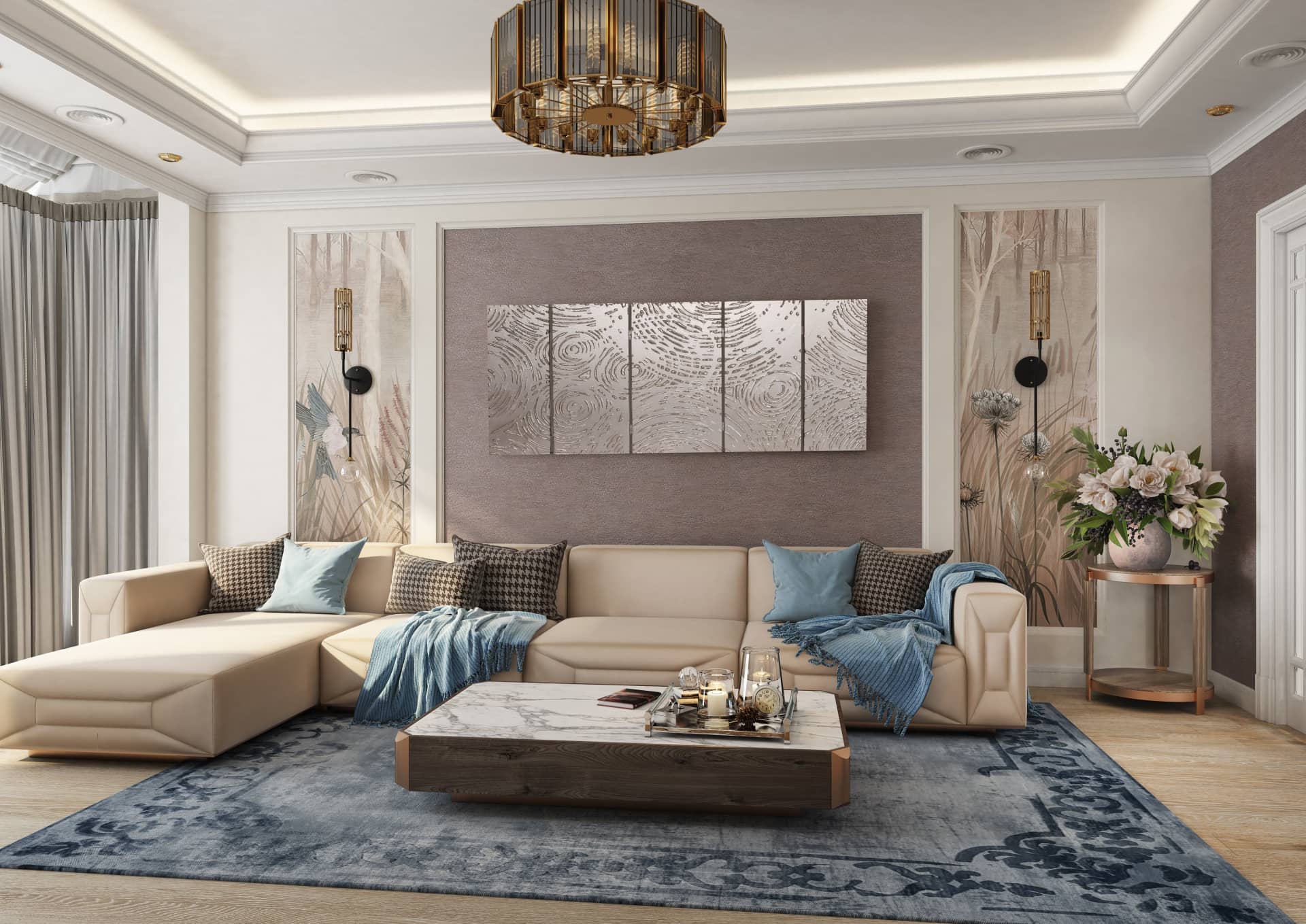 Оформление интерьера гостиной трехкомнатной квартиры в коричневый цвет в стиле современной классики. Фото № 56579.