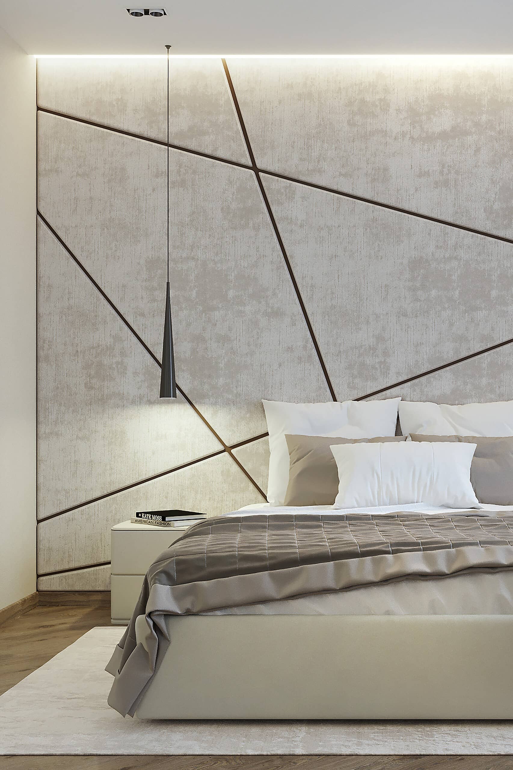 Спальня с серебристой стеной в геометрическим рисунком