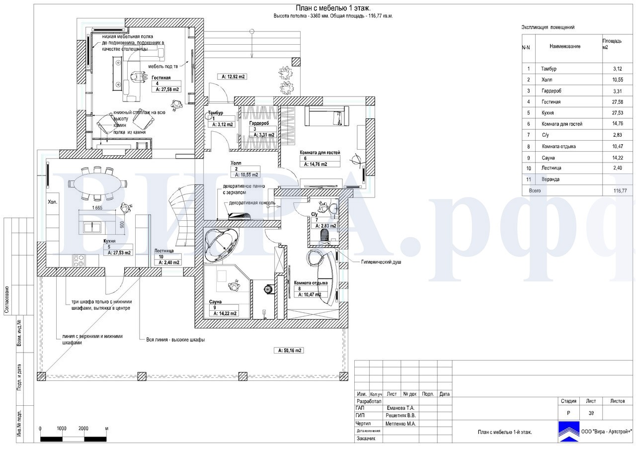 план с мебели 1 этаж, дом 260 м² в КП «Лесной родник»