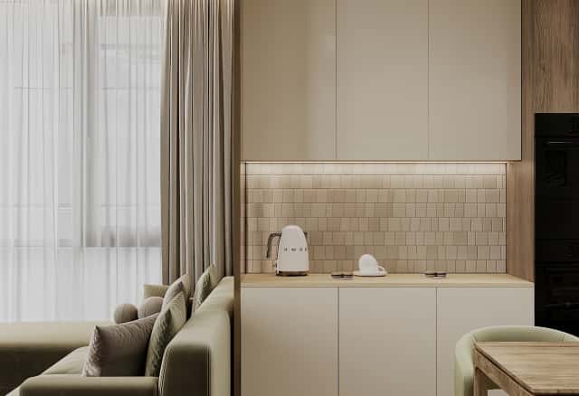 Фотографии кухонь-гостиных. В ожидании чуда. Дизайн и ремонт квартиры 84м2 ЖК Shagal в современном стиле. Кухня-гостиная, фото 04.