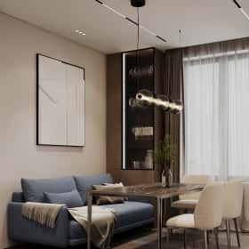 Тёплая гармония. Дизайн и ремонт квартиры 69м2 ЖК Большая семерка в современном стиле. Кухня-гостиная, фото 01