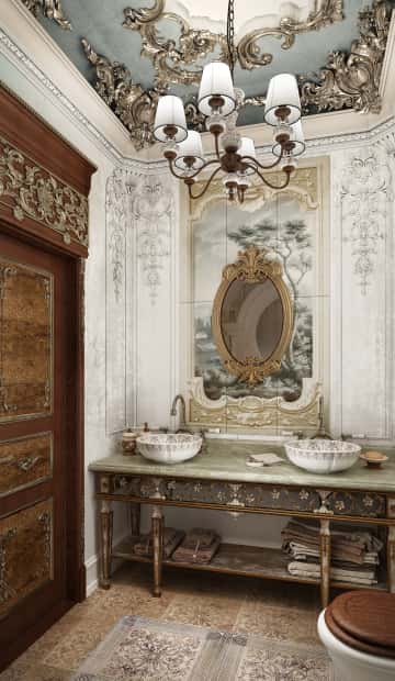 Потолок выполнен из лепнины с серебристым отливом