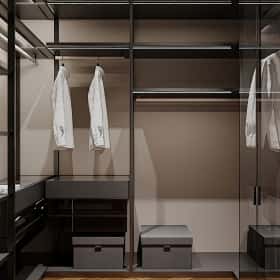 Высокие отношения. Дизайн и ремонт загородного дома 195м2 в КП Лесная поляна в современном стиле. 2 этаж Мастер-гардеробная, фото 01