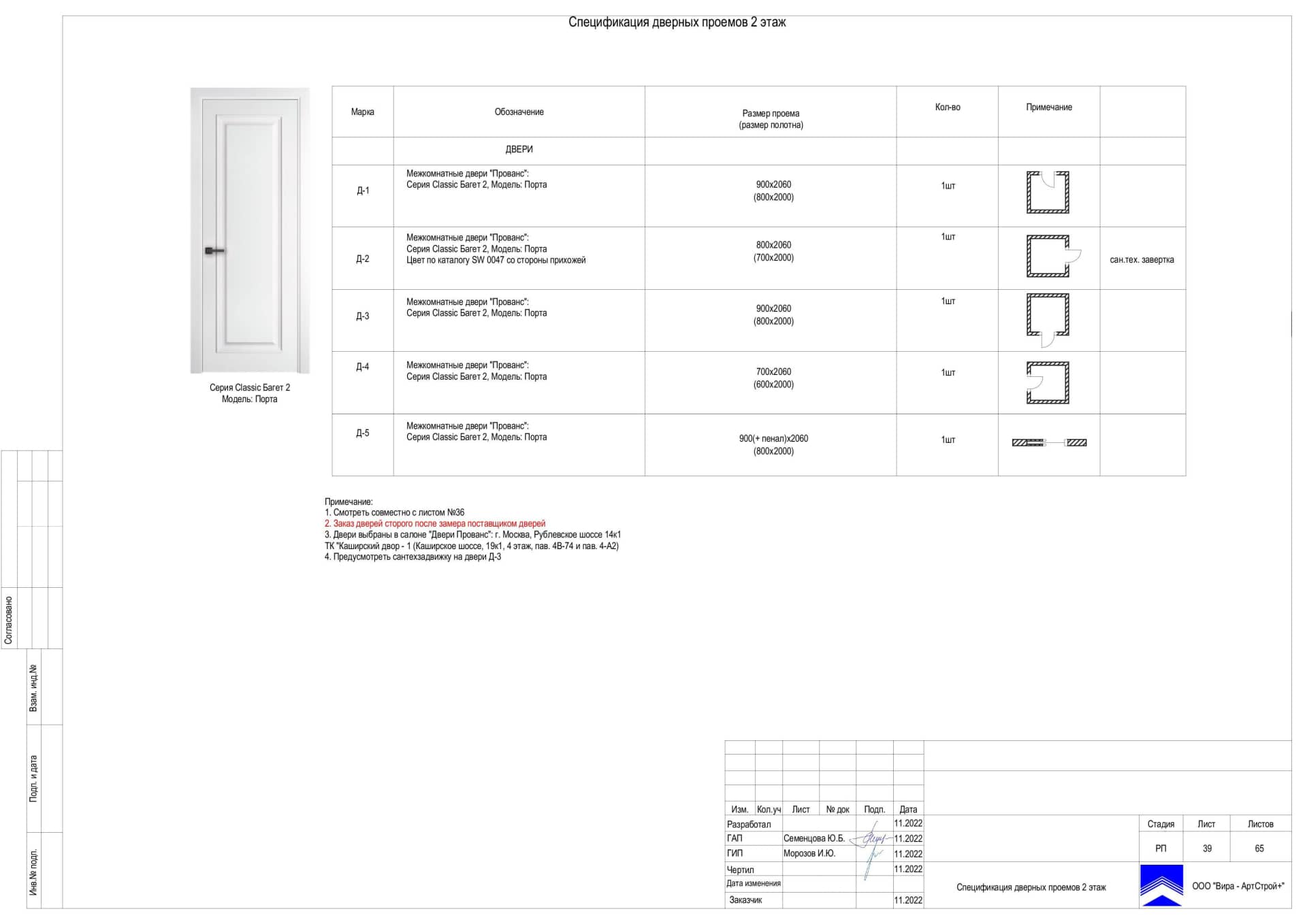 Спецификация дверных проемов 2 этаж, дом 116 м² в КП «Британика»