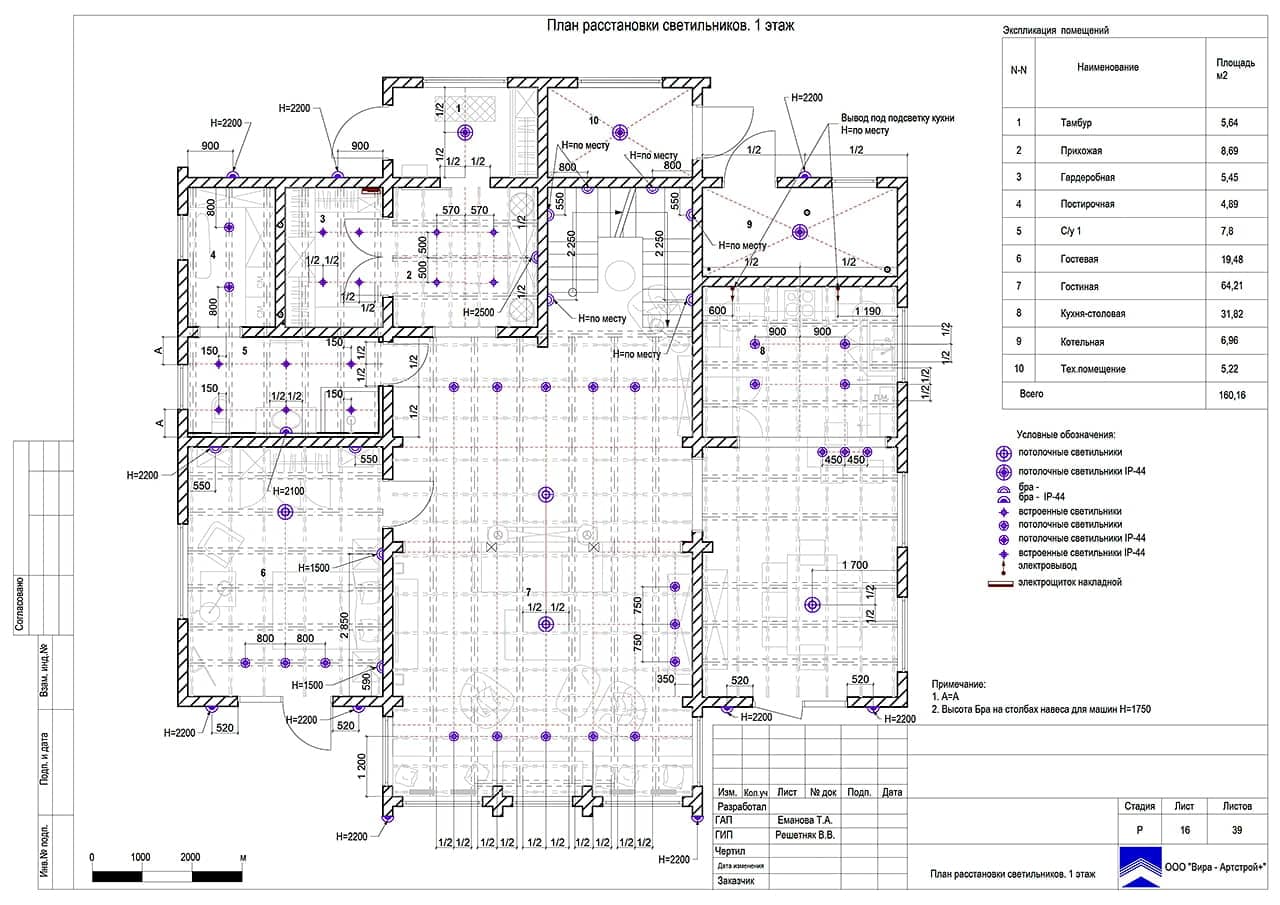 План расстановки светильников. 1 этаж, дом 297 м² в ЖК «Мишино»