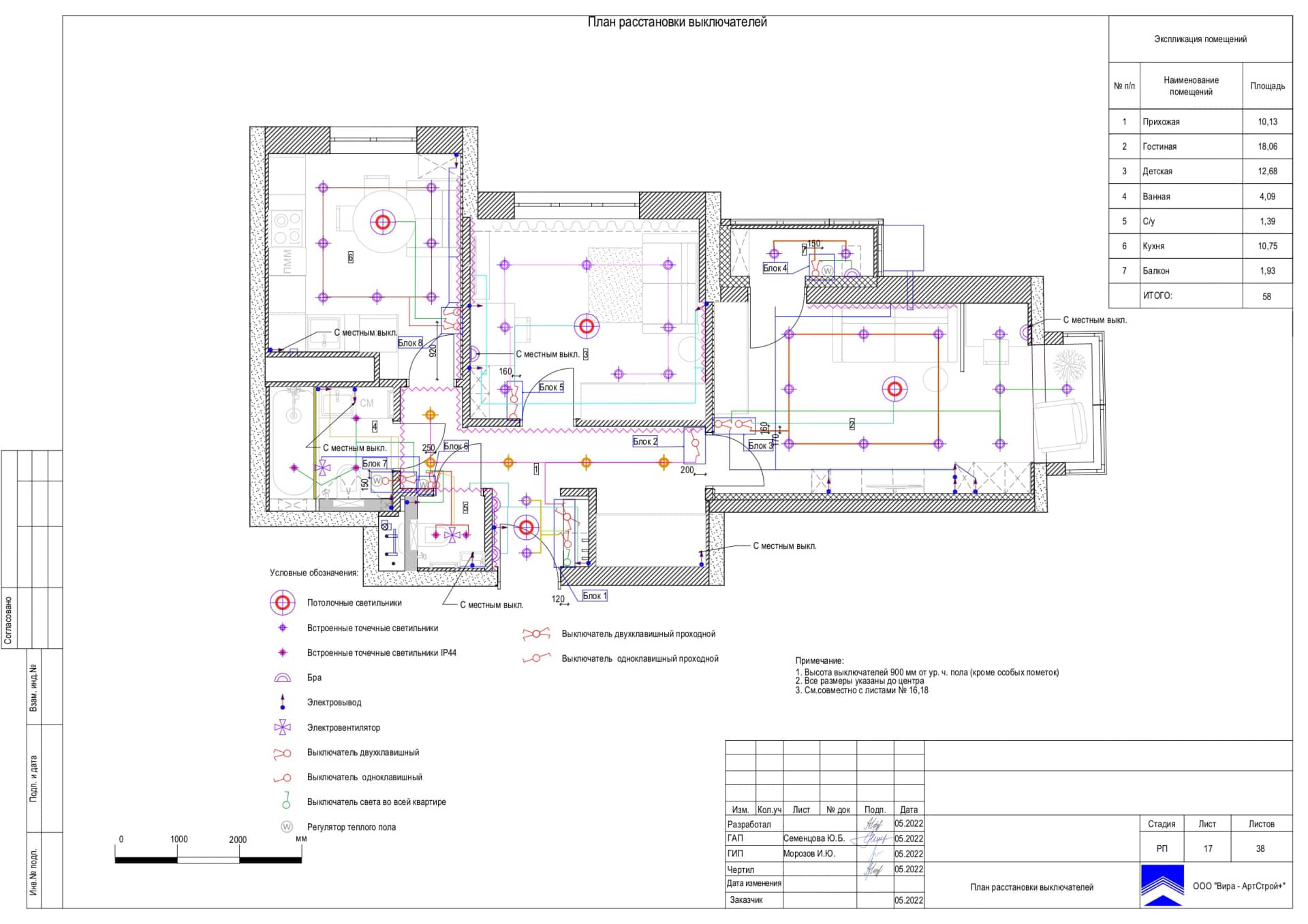План расстановки выключателей, квартира 58 м² в ЖК «Квартал на Никулинской»