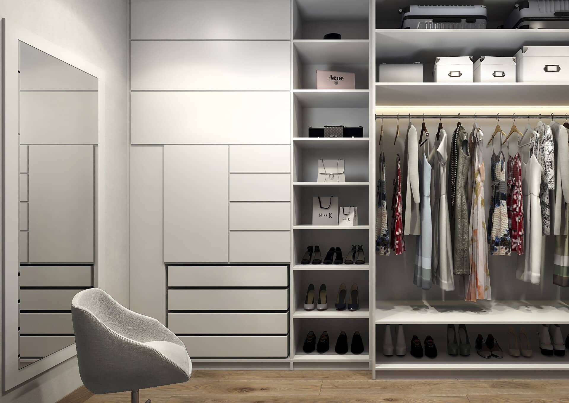 Белая гардеробная со шкафчиками