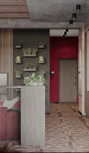 Накладные светильники указывают путь движения и переходят в пространство кухни-гостиной