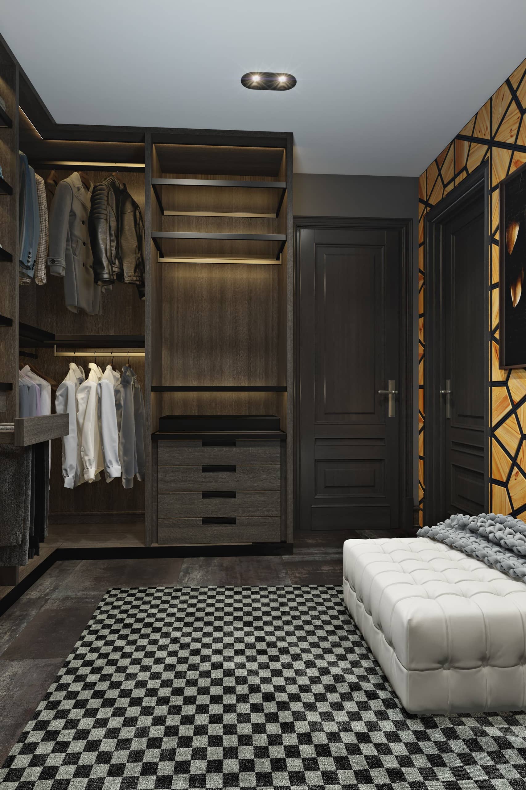 Шкафы и полочки в гардеробной созданы из тёмного орехового дерева