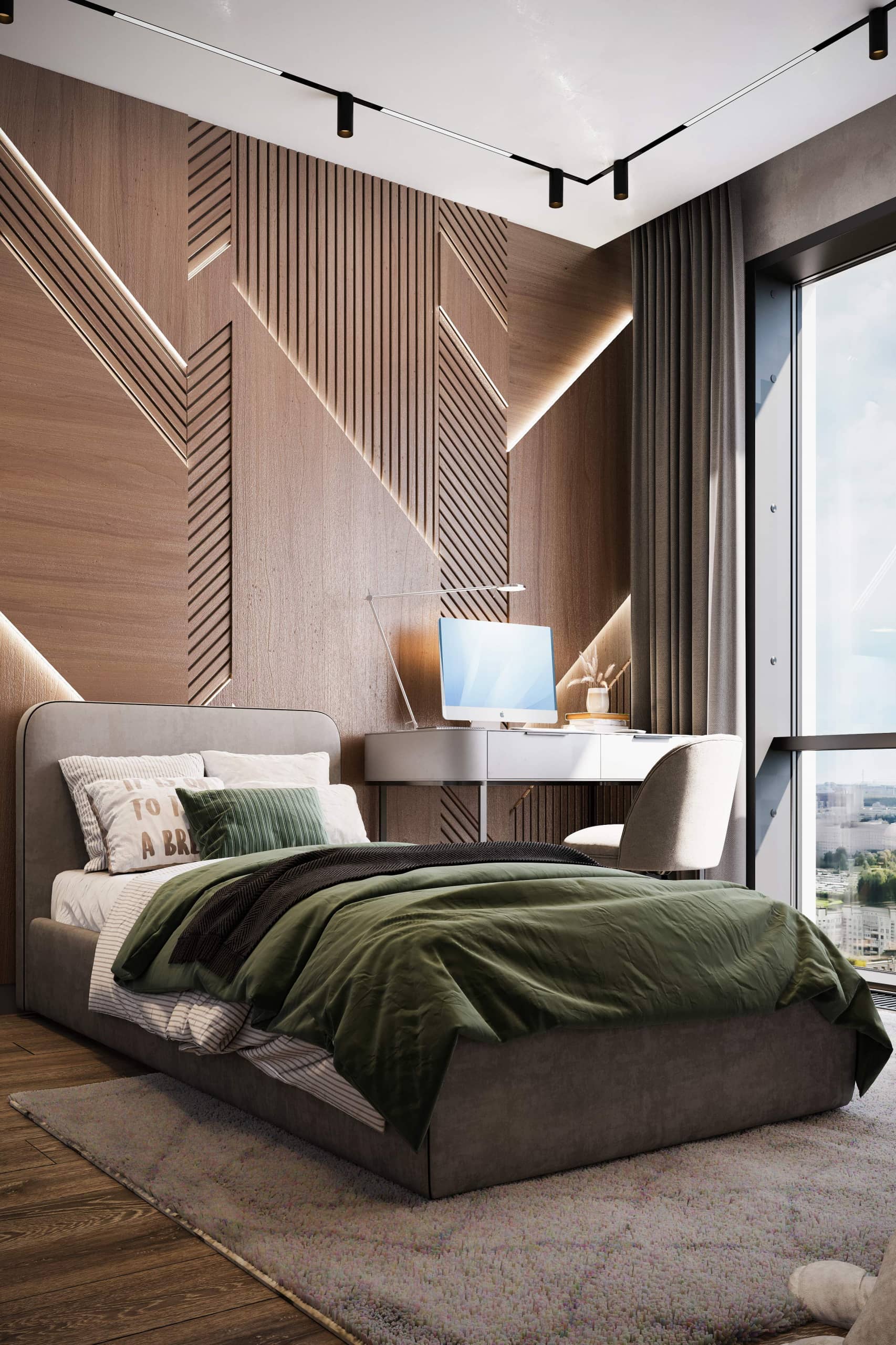 Стена за кроватью декорирована 3D-панелями с ломаной геометрией и подсветкой