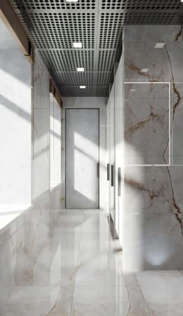 Основные стены и кабинки обложили полированным керамогранитом