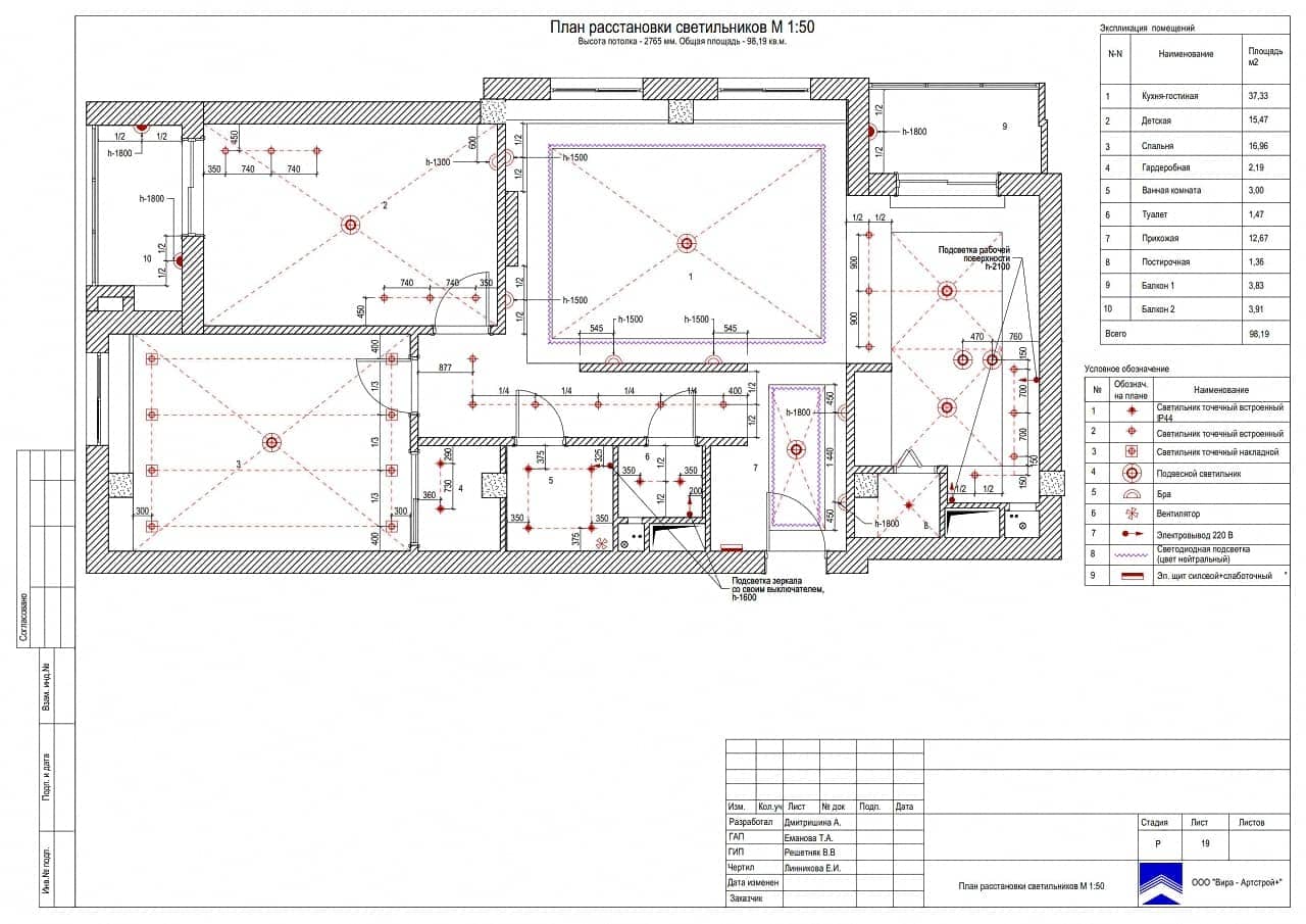 План расстановки светильников, квартира 98 м² в ЖК «Яуза Парк»