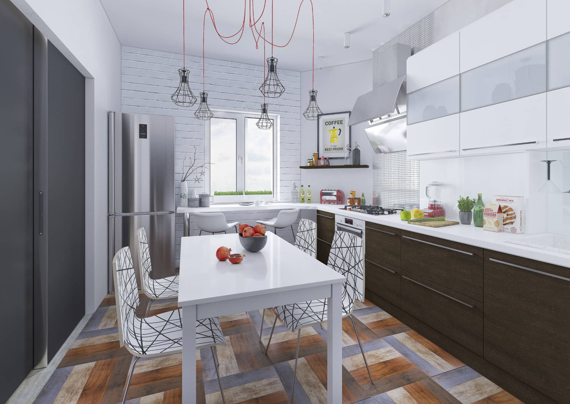 Белая кухня с чёрными деталями для стиля лофт