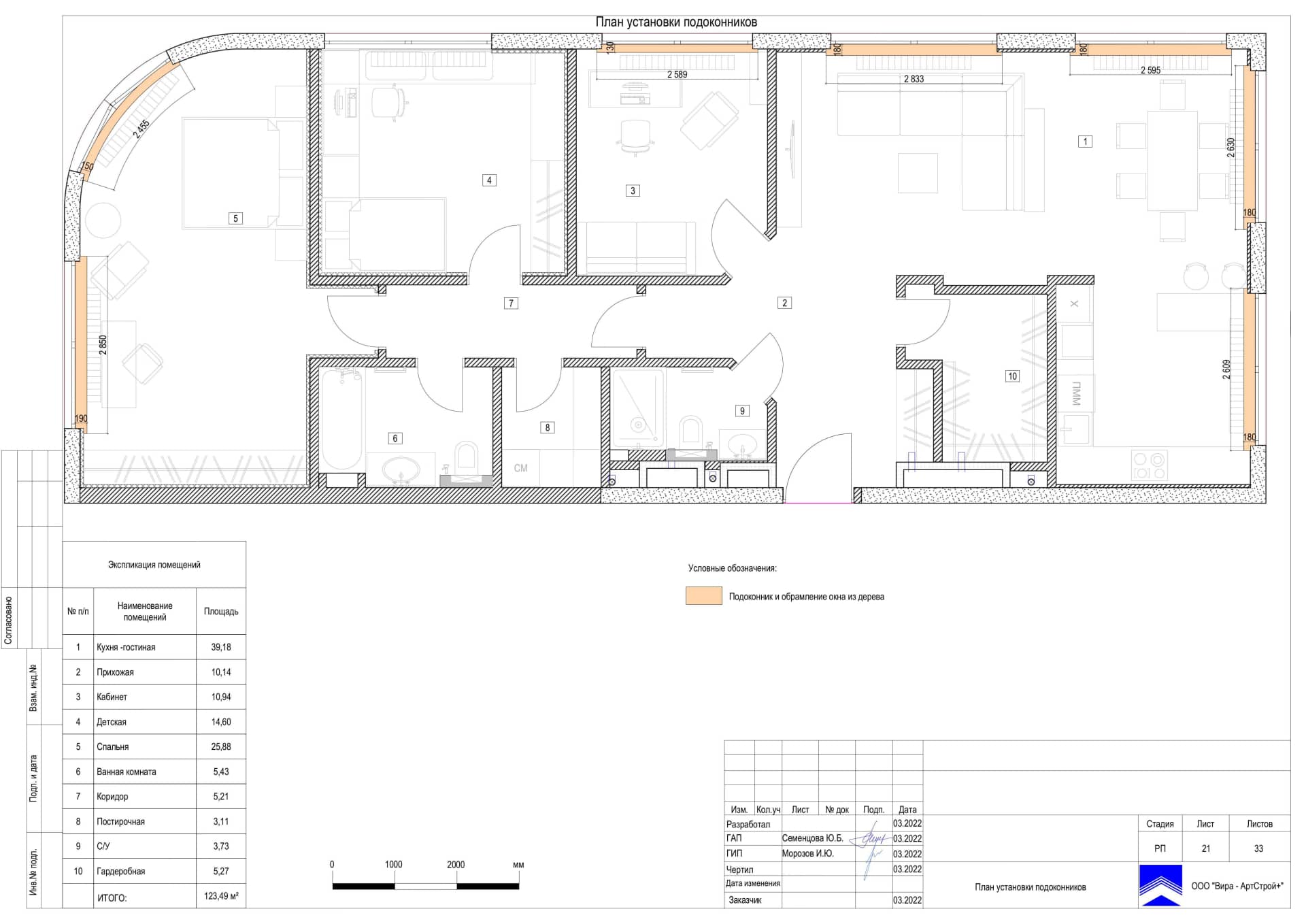 План установки подоконников, квартира 124 м² в ЖК «Композиция № 24»