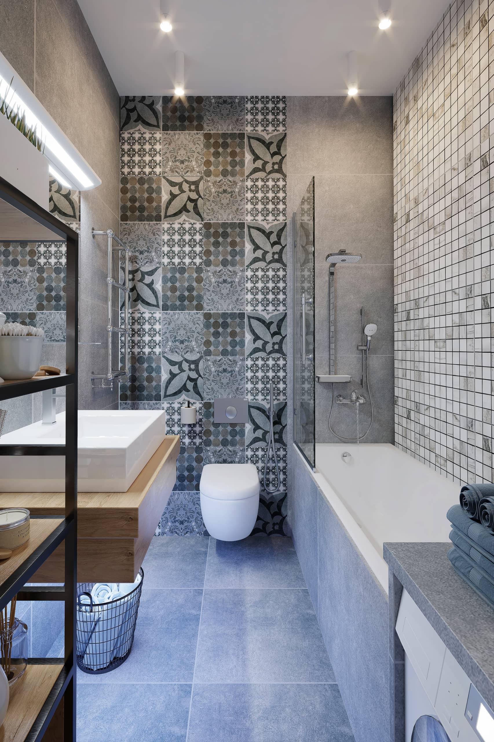 Ванная комната с красивой мозаикой из плиток с рисунками