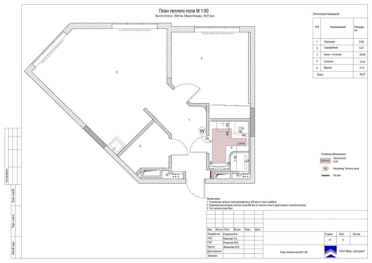 Тёплый пол, квартира 50 м² в ЖК «Wellton park»