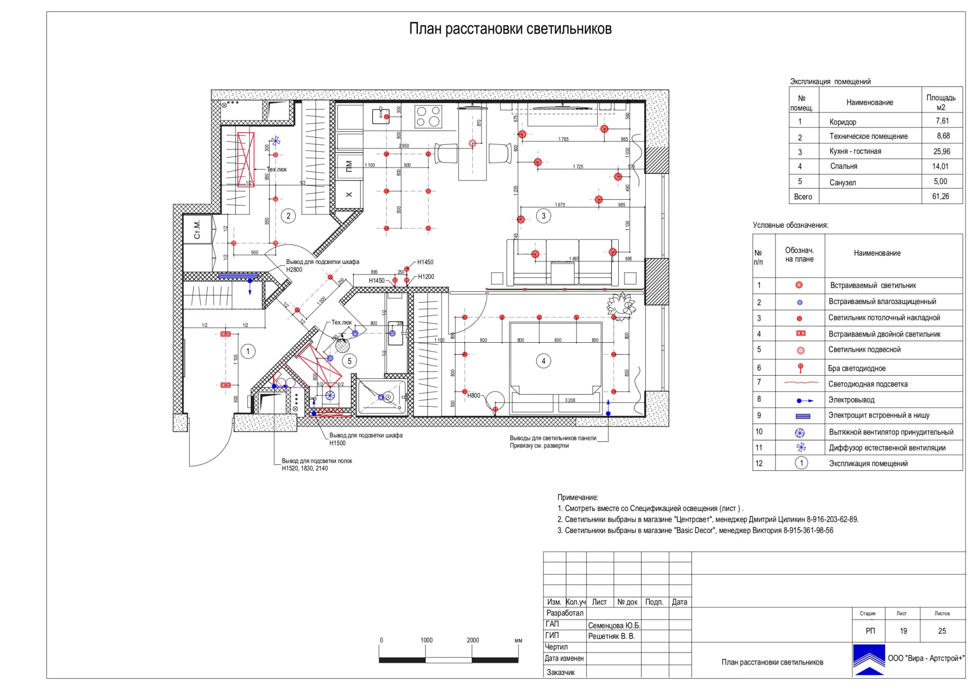 План расстановки светильников, квартира 62 м² в ЖК «Дом NV/9»