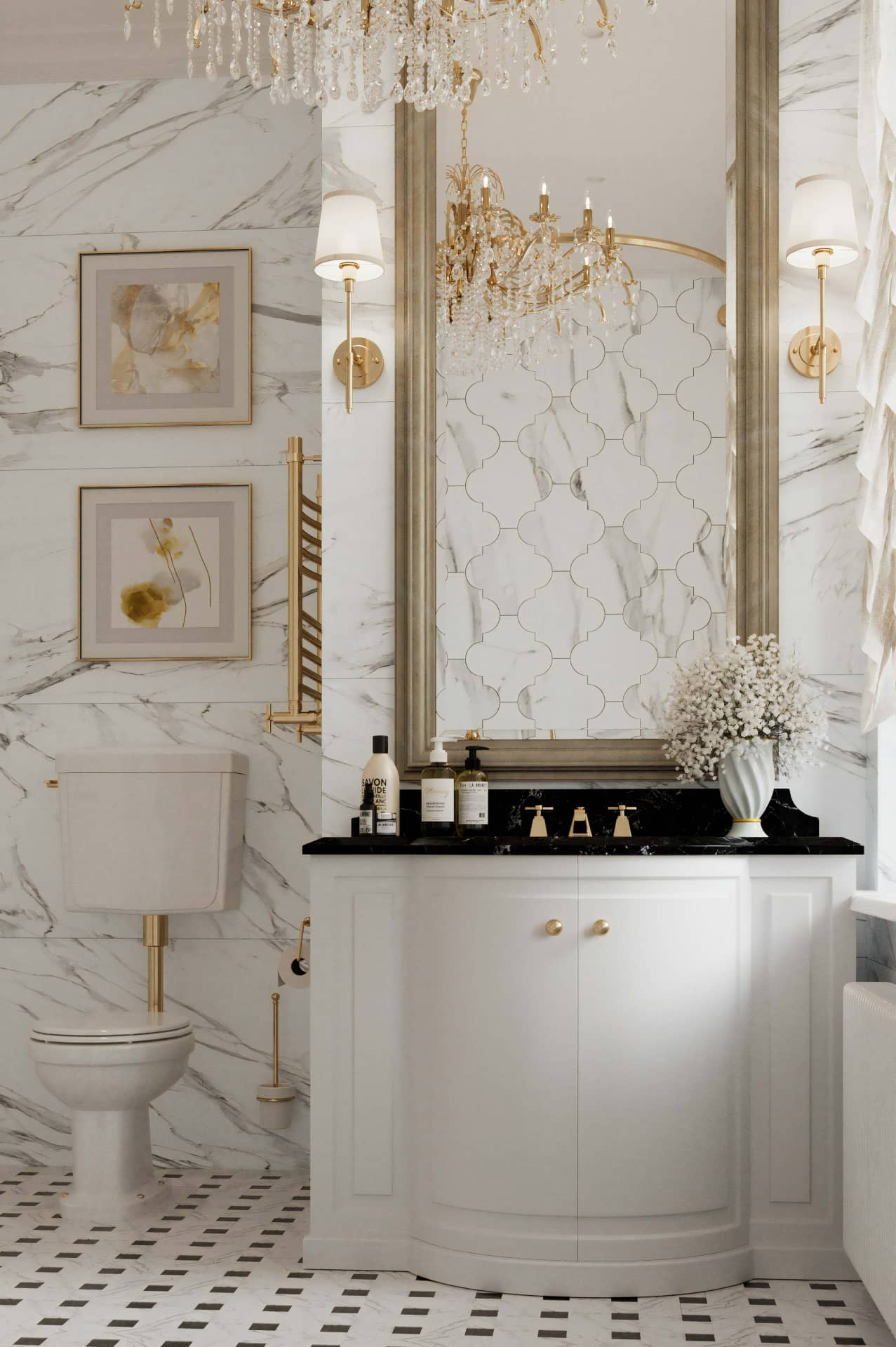 Бело-золотая ванная в стиле неоклассика
