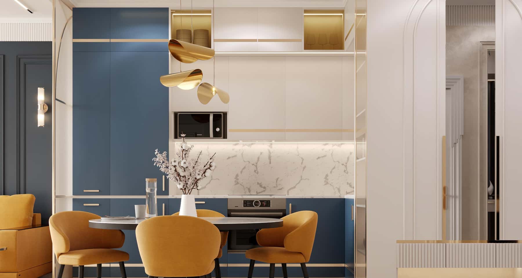 Сочетание тонов в неоклассическом дизайне — горчичный и серо-синий Сочетание тонов в неоклассическом дизайне — горчичный и серо-синий