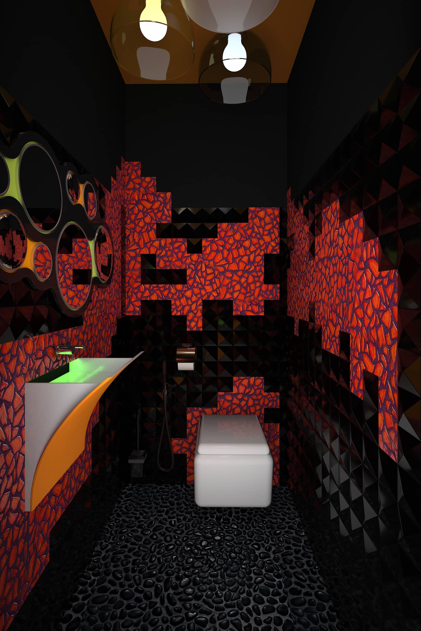 Красная мозаика в виде лавы для ванной комнаты