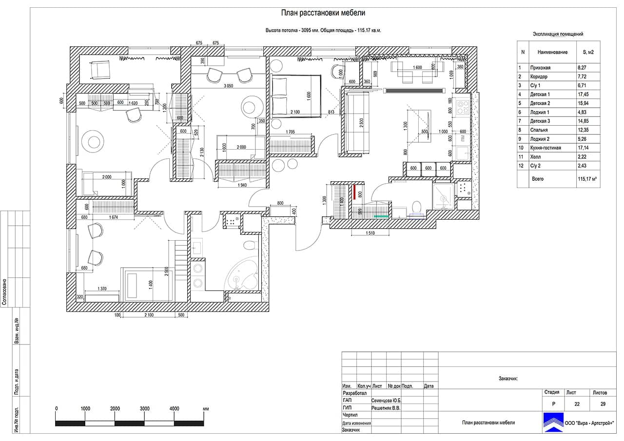 План расстановки мебели, квартира 119 м² в ЖК «Родной Город»