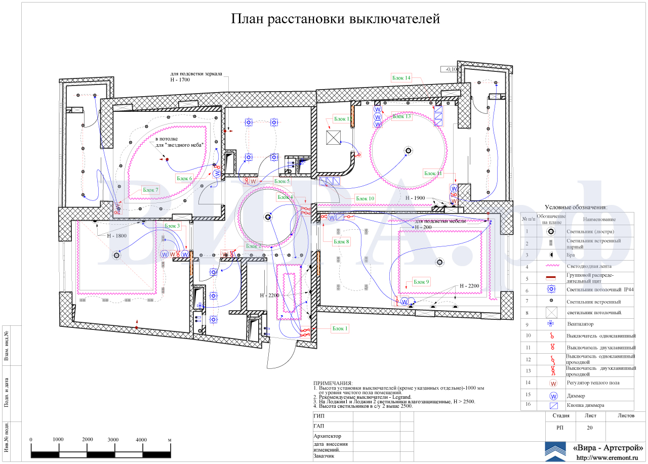 20. План расстановки выключателей, квартира 115 м² в ЖК «12-й Квартал» в Химках