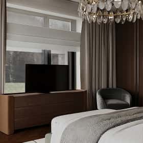 Высокие отношения. Дизайн и ремонт загородного дома 195м2 в КП Лесная поляна в современном стиле. 2 этаж Мастер-спальня, фото 01