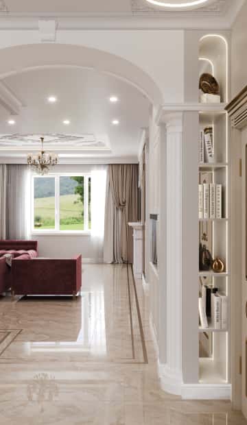 В небольшой нише рядом расположили открытые полки для декора и книг