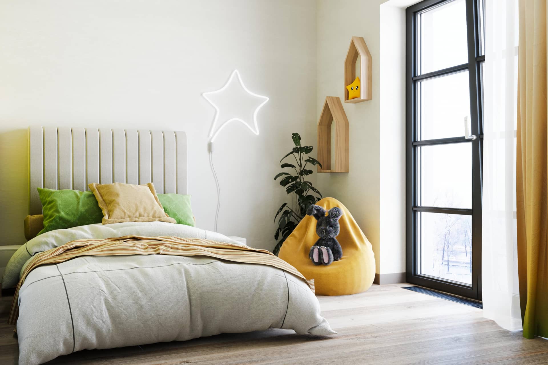 Уютная кровать с мягким изголовьем и ночник в форме звезды