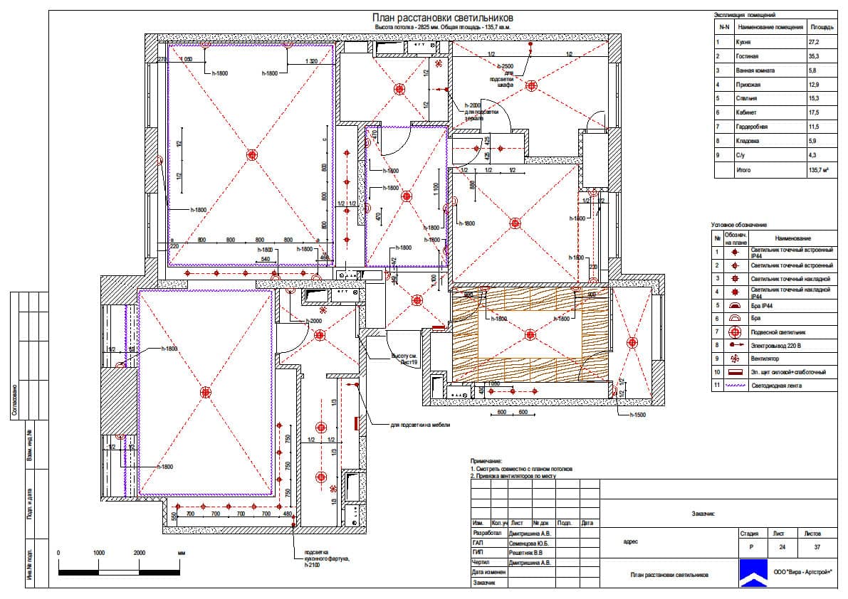 План расстановки светильников, квартира 135 м² в ЖК «Среда»
