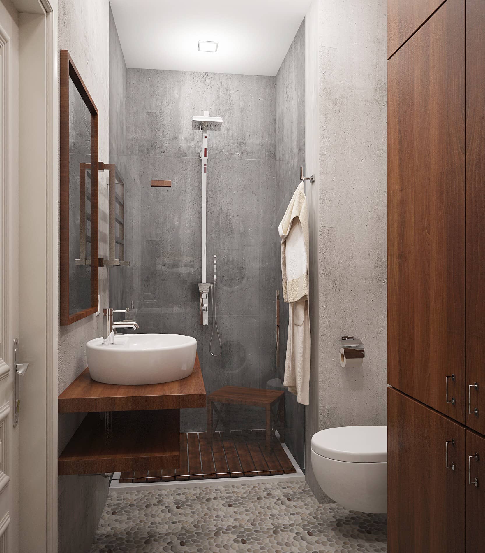 Серые стены в ванной комнате отлично дополняют современный интерьер