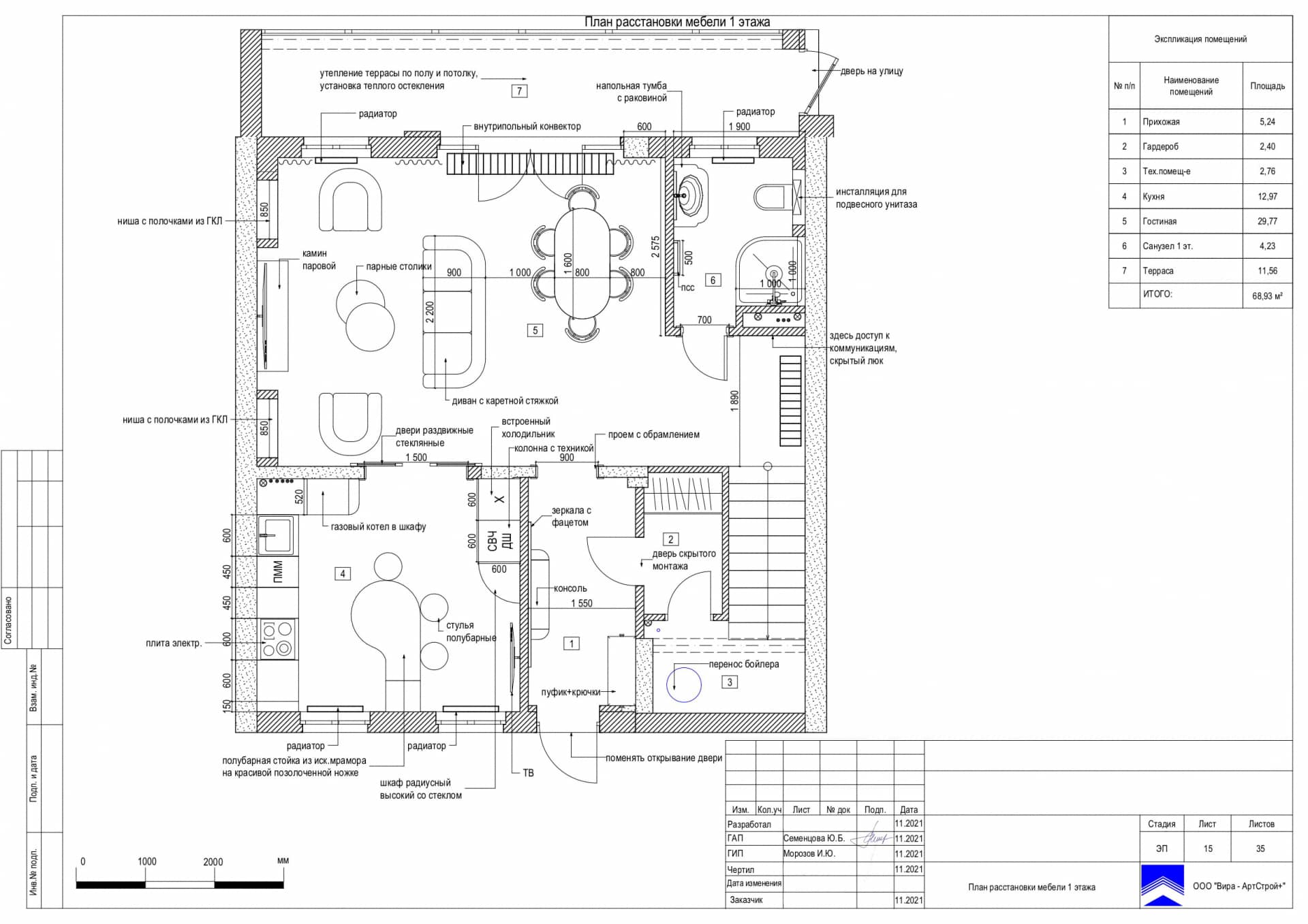 План расстановки мебели 1 этажа, дом 140 м² в ЖК «Николинские ключи»