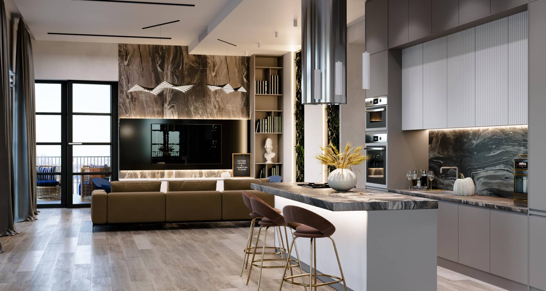 Кухня-гостиная 31 кв.м в современном стиле со скандинавскими элементами