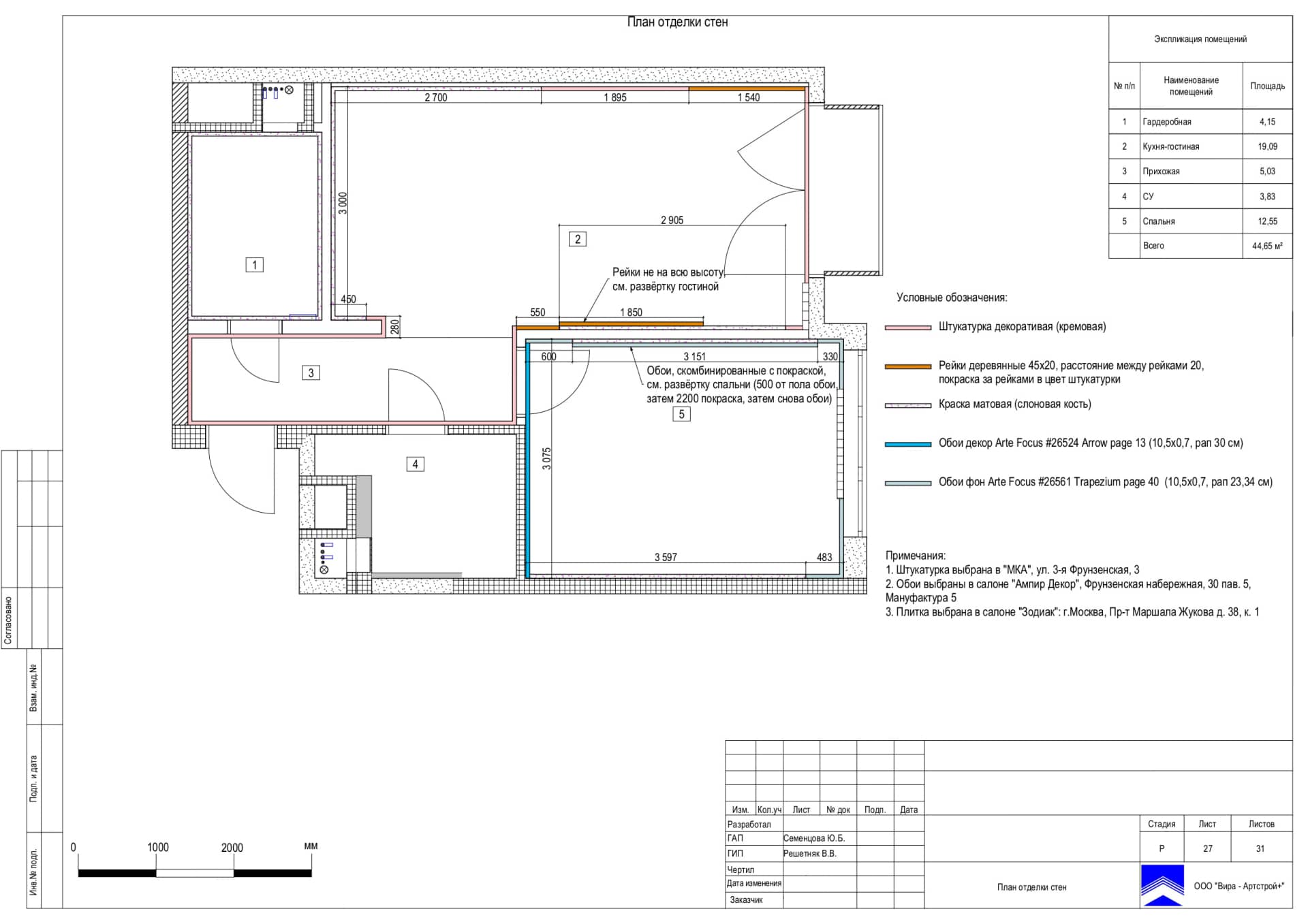 План отделки стен, квартира 45 м² в ЖК «Западный порт»