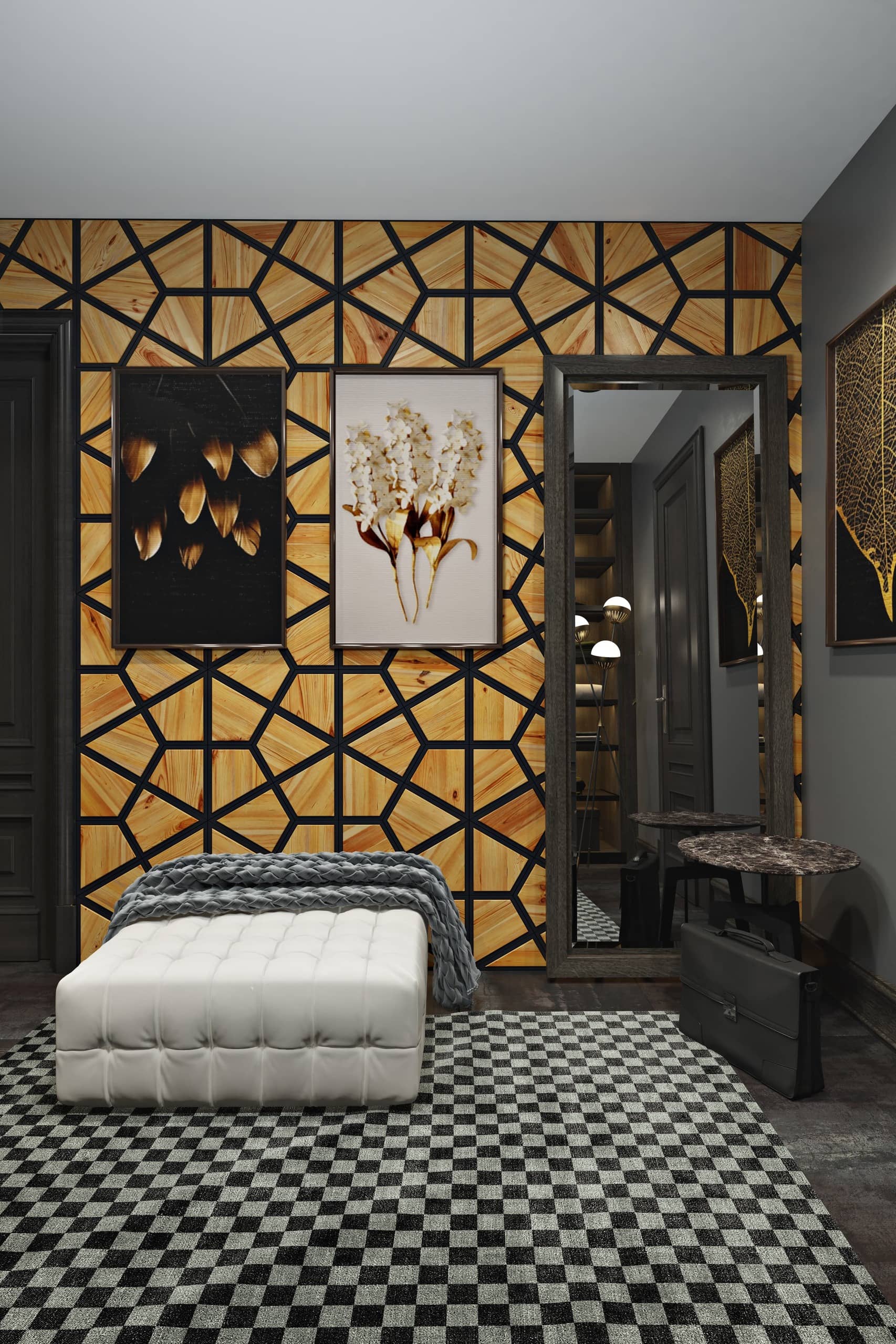 Стена с геометрической мозаикой и панелями из древесины