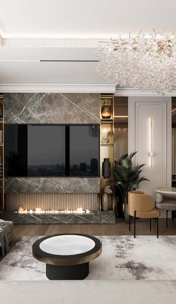 ТВ-зону оформили таким же керамогранитом, что и фартук кухни