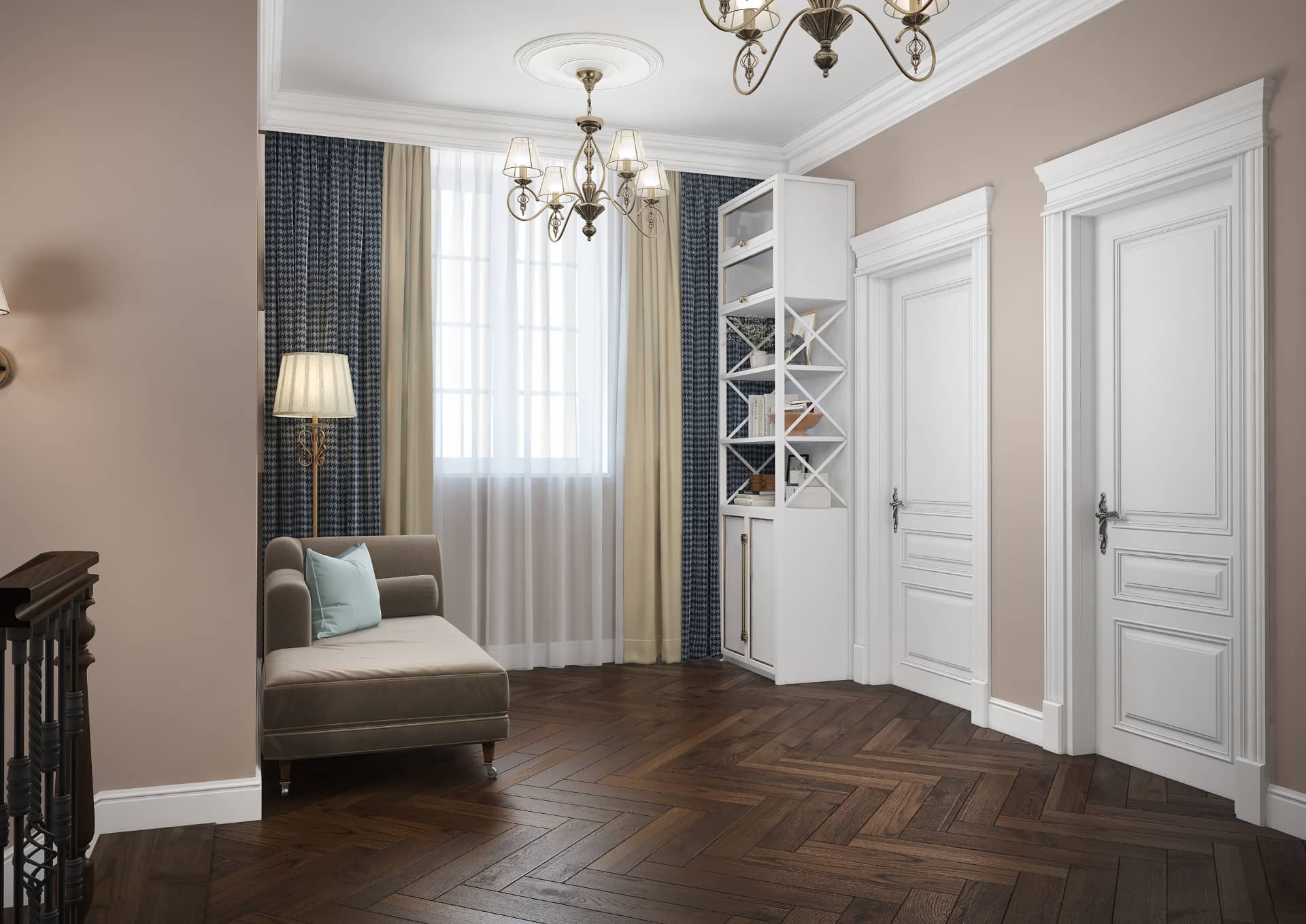 Покраска в коридоре с белыми дверьми, белой мебелью и паркетом французская ёлочка