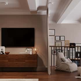 Квартира с мезонином. Дизайн и ремонт квартиры 89м2 ЖК Джаз в современном. Спальня на антресоле, фото 01