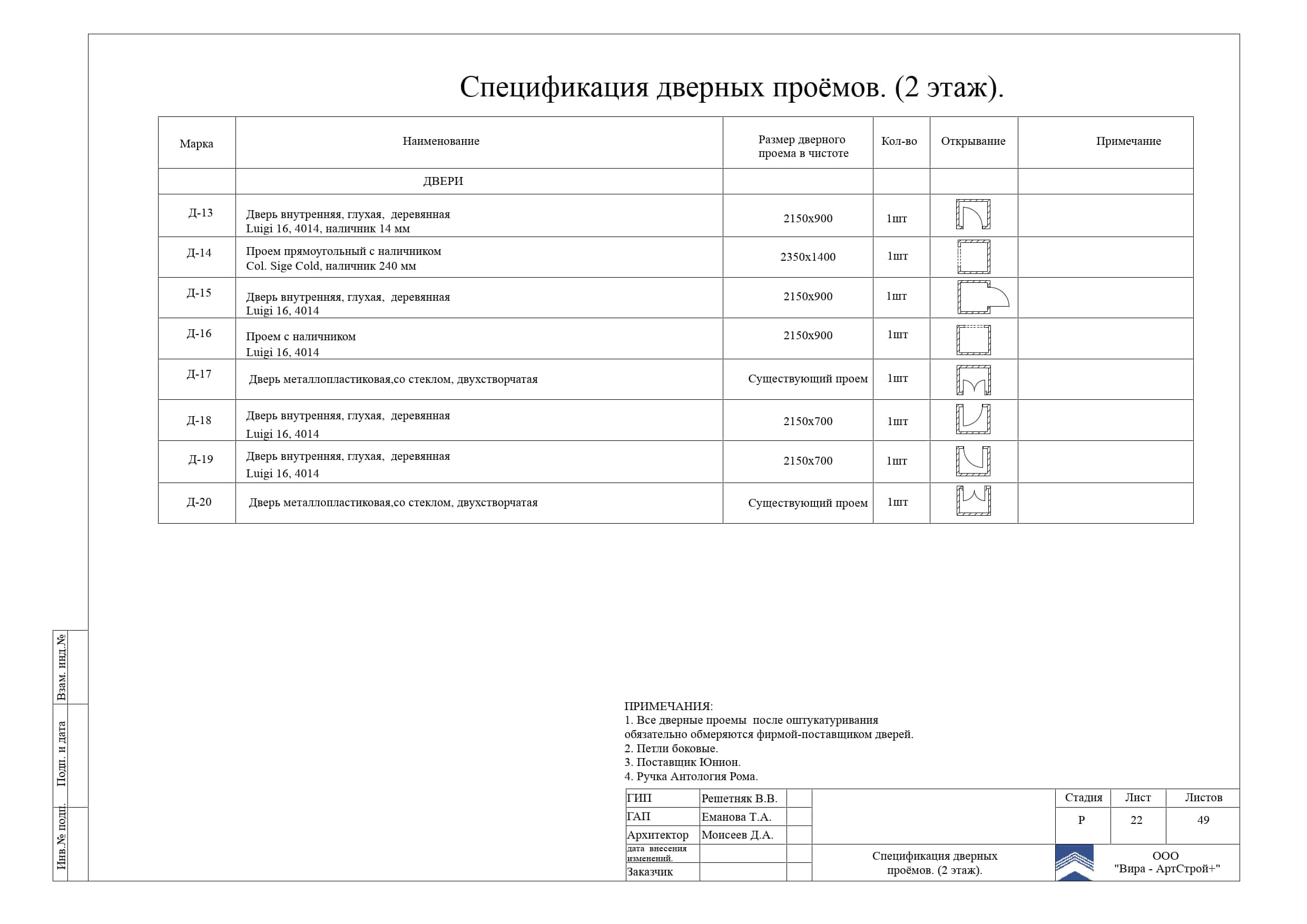 22. Спецификация дверных проёмов, дом 373 м²