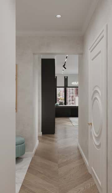 Диалог поколений. Дизайн и ремонт квартиры 93м2 ЖК Хэдлайнер в неоклассике. Прихожая, фото 04