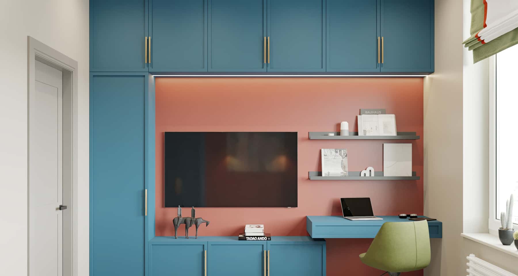 Синий, коралловый и зеленый в ТВ-зоне спальни