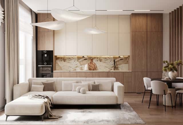 Фотографии домов. Очарование природы. Дизайн и ремонт загородного дома 116м2 в КП Британика в современном стиле. 1 этаж Кухня-гостиная.